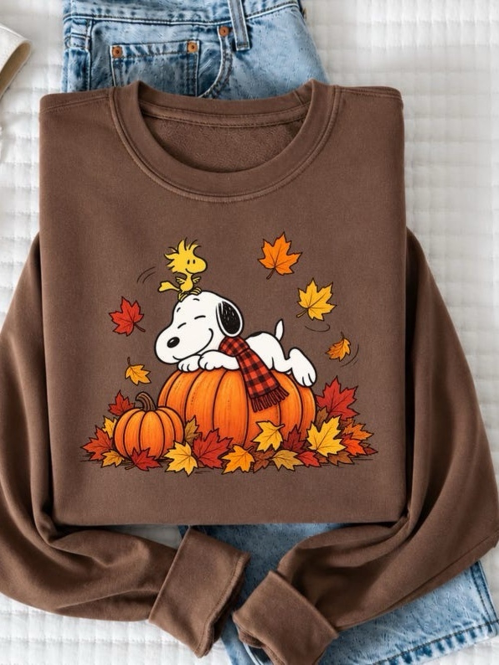 Peanuts Snoopy Pumpkin Fall Autumn Graphic Sweatshirt in Dark Chocolate